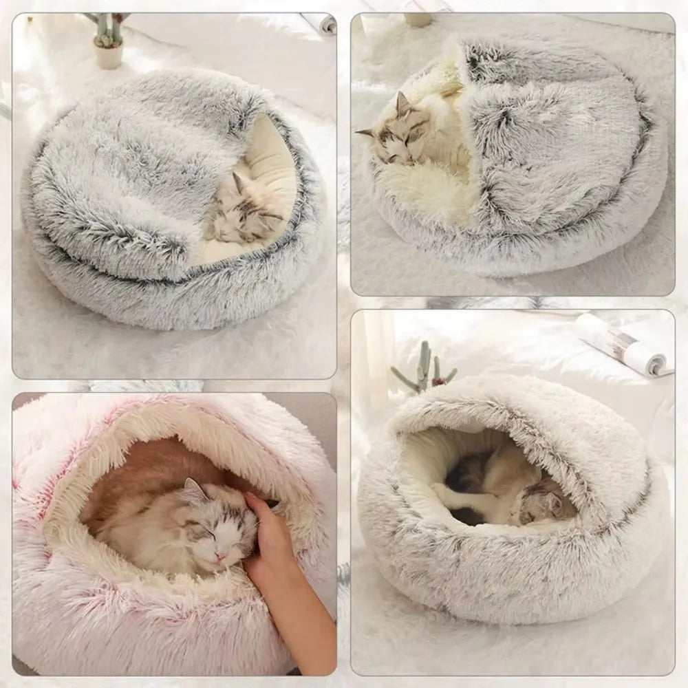 Cuccia Semi-Chiusa in Peluche per Gatti e Cani – Nido Morbido 2-in-1