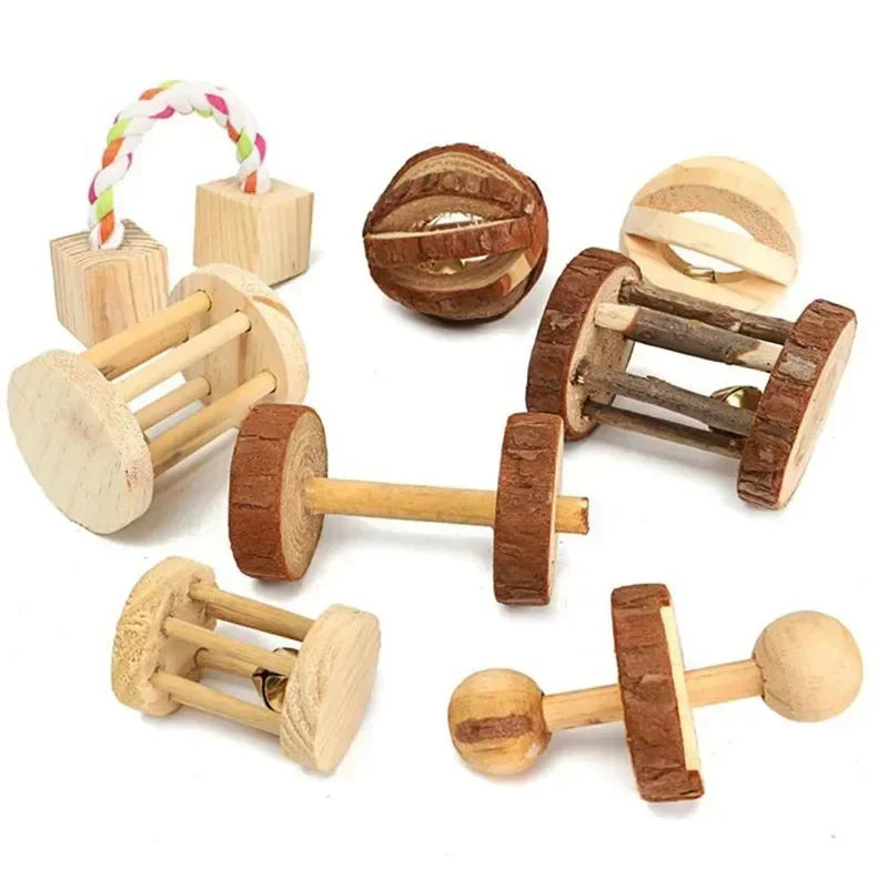 Giocattoli in Legno Naturale per Roditori – Rullo, Manubrio, Monociclo e Sonaglio per Piccoli Animali