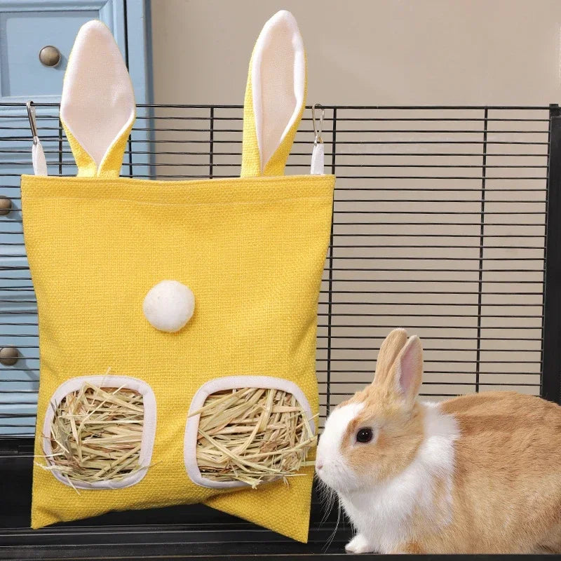 Sacca Portafieno con Orecchie da Coniglio – Borsa da Appendere con 2/3 Fori per Fieno, Contenitore per Criceti, Cincillà, Porcellini d’India e Piccoli Animali.