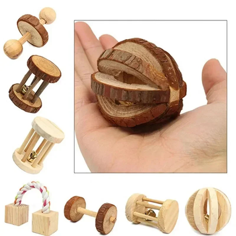 Giocattoli in Legno Naturale per Roditori – Rullo, Manubrio, Monociclo e Sonaglio per Piccoli Animali
