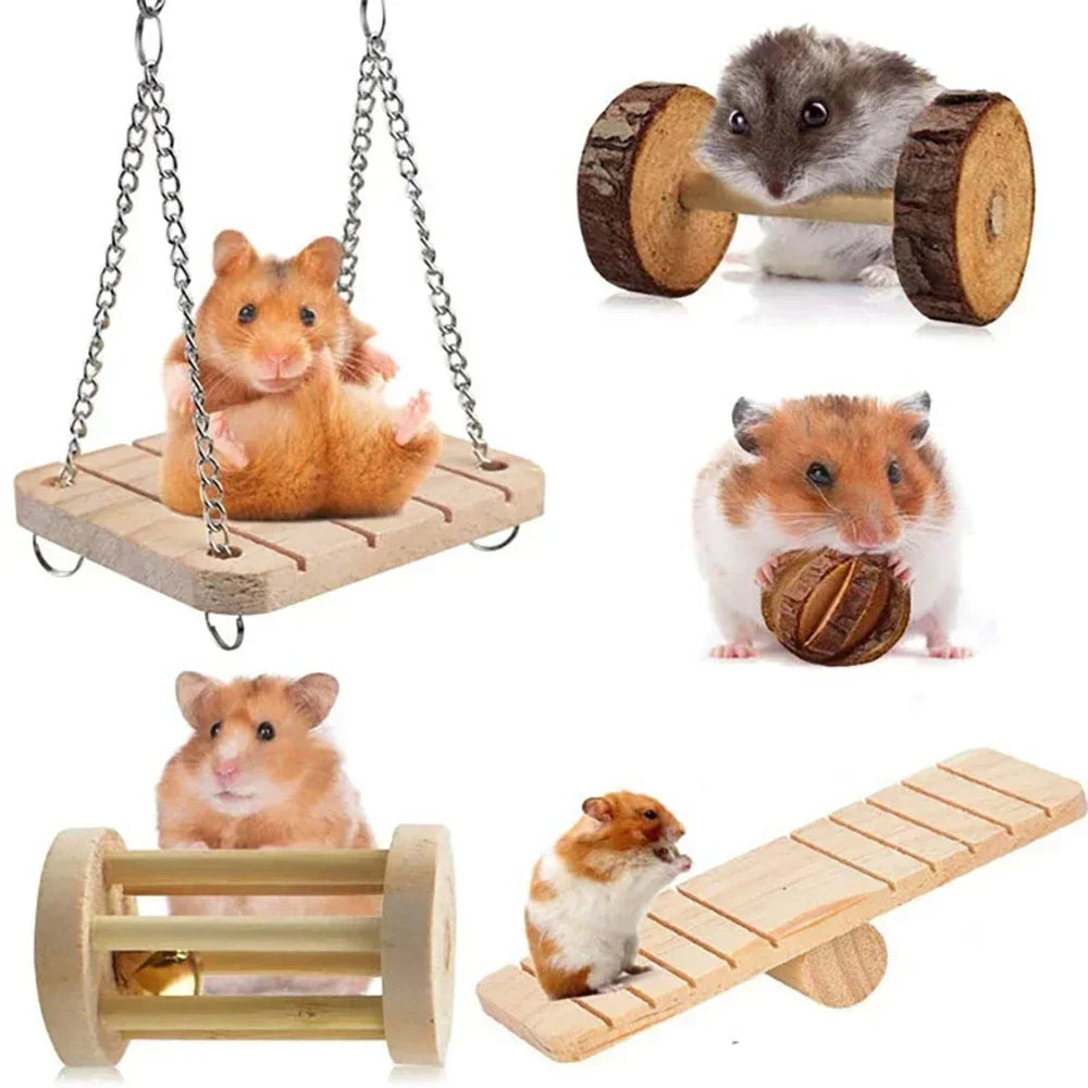 Giocattoli in Legno Naturale per Roditori – Rullo, Manubrio, Monociclo e Sonaglio per Piccoli Animali