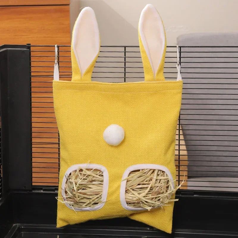 Sacca Portafieno con Orecchie da Coniglio – Borsa da Appendere con 2/3 Fori per Fieno, Contenitore per Criceti, Cincillà, Porcellini d’India e Piccoli Animali.