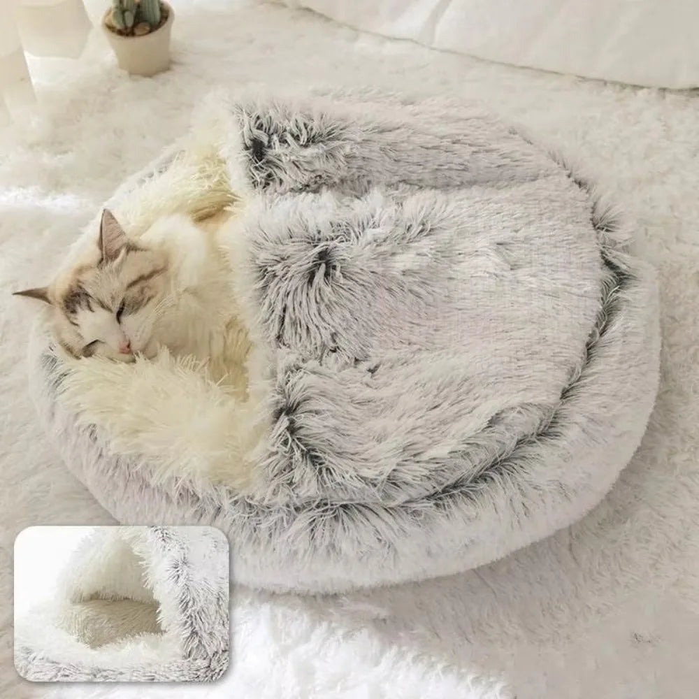 Cuccia Semi-Chiusa in Peluche per Gatti e Cani – Nido Morbido 2-in-1