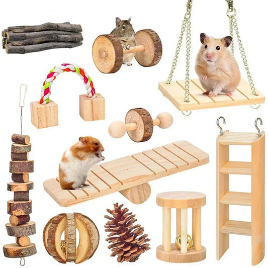 Giocattoli in Legno Naturale per Roditori – Rullo, Manubrio, Monociclo e Sonaglio per Piccoli Animali