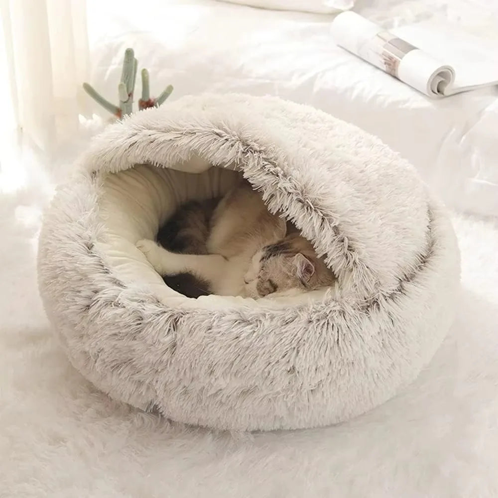 Cuccia Semi-Chiusa in Peluche per Gatti e Cani – Nido Morbido 2-in-1